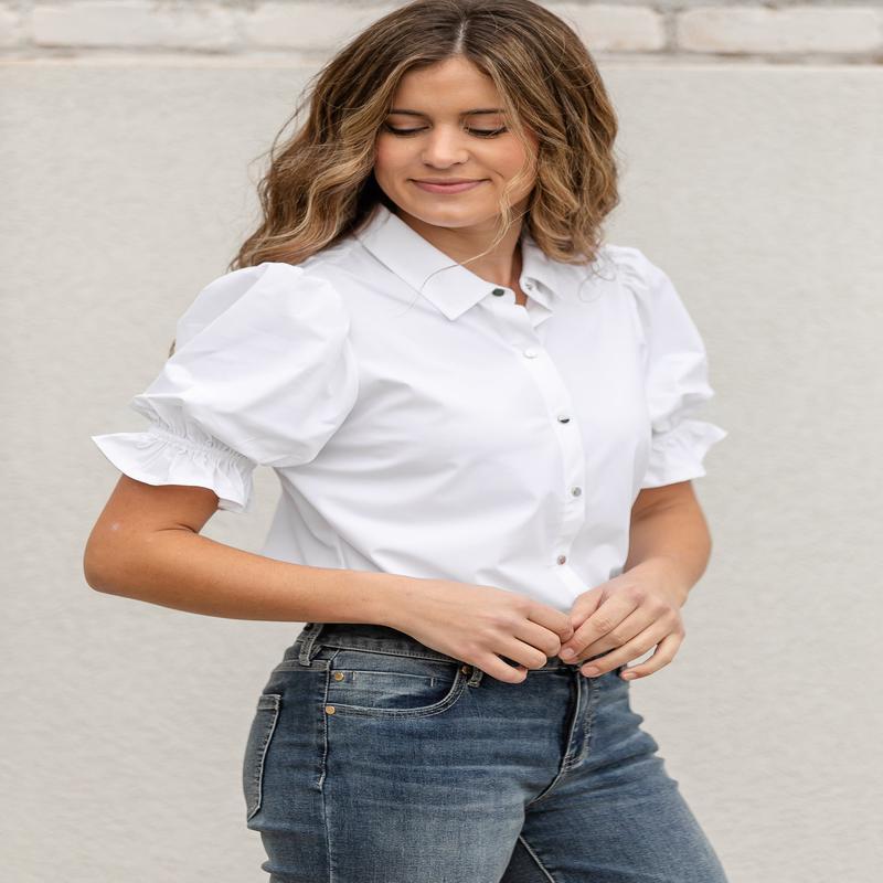 LIVERPOOL Elbow Puff Sleeve Snap Front Knit Shirt