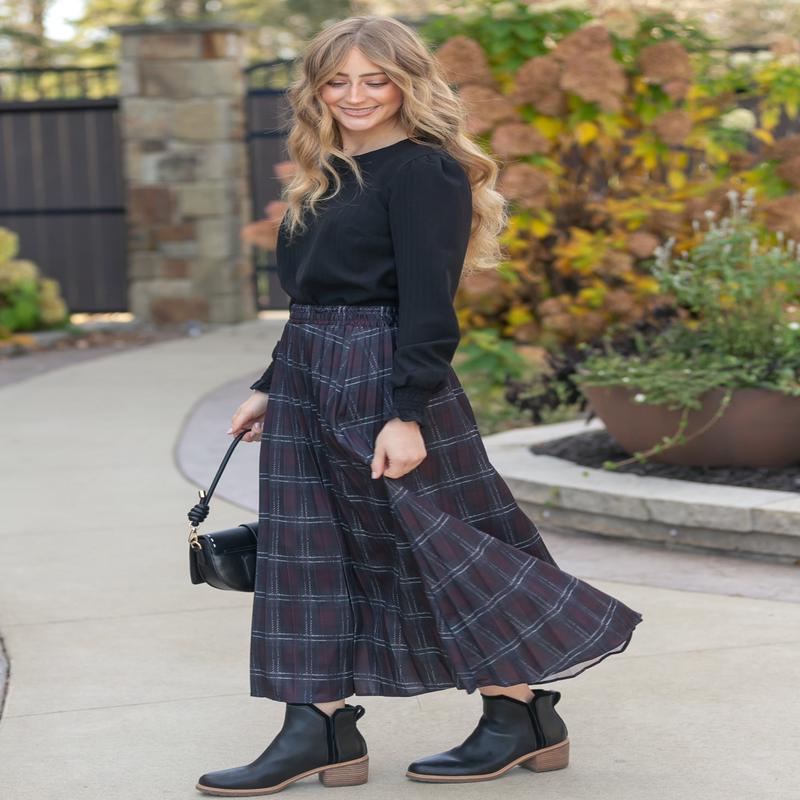 Pleated Plaid Maxi Skirt
