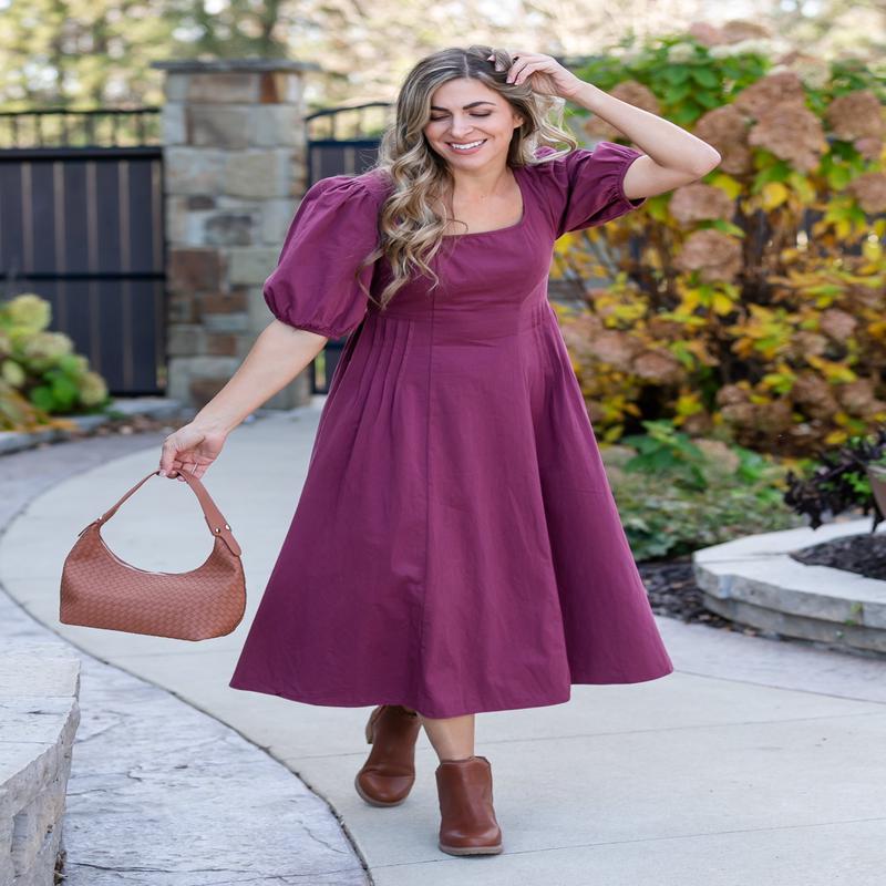 Puff Sleeve Pleated Waist Midi Dress