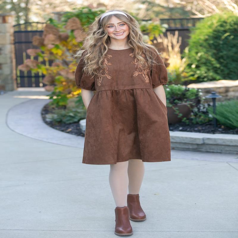 Ribbon Embroidered Suede Dress
