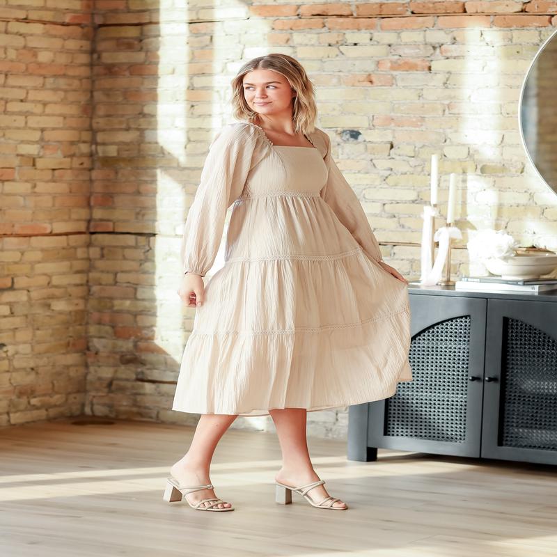 Square Neck Long Sleeve Embroidered Tiered Dress - FINAL SALE