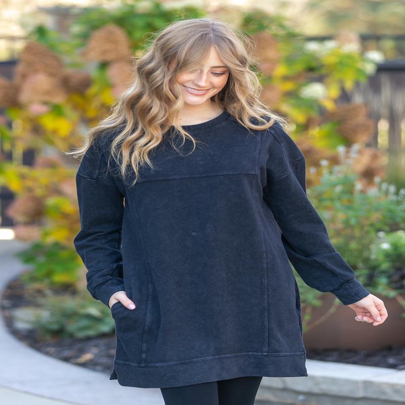 Washed Black Long Sleeve Midi Dress