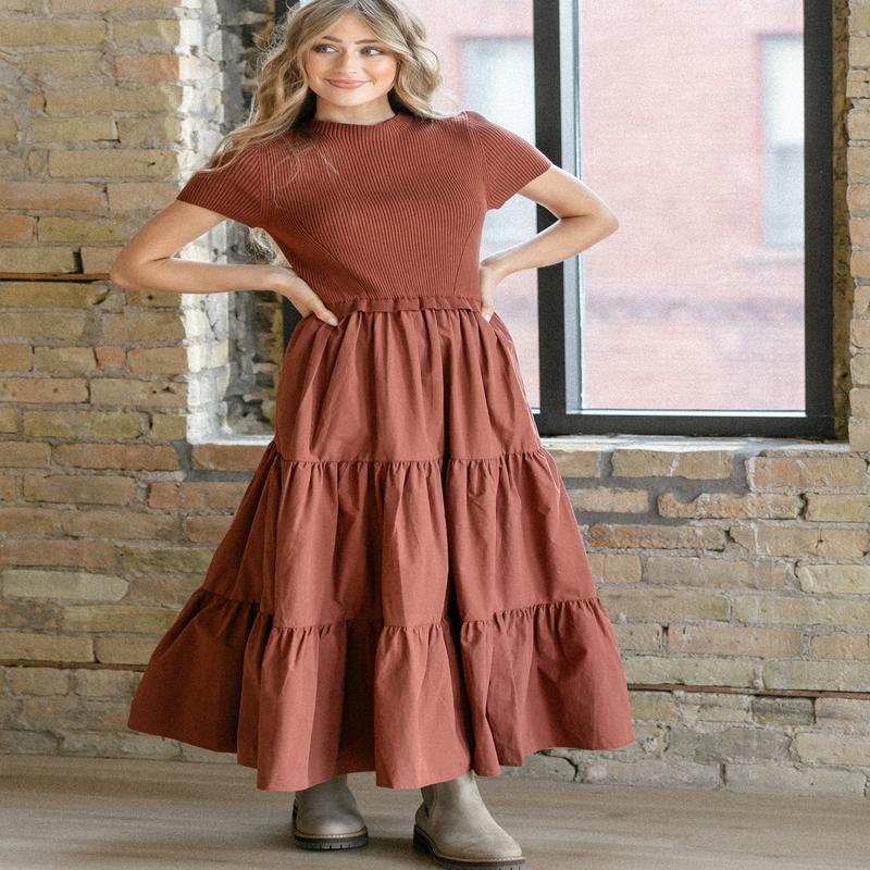 Knit Mix Mock Neck Maxi Dress