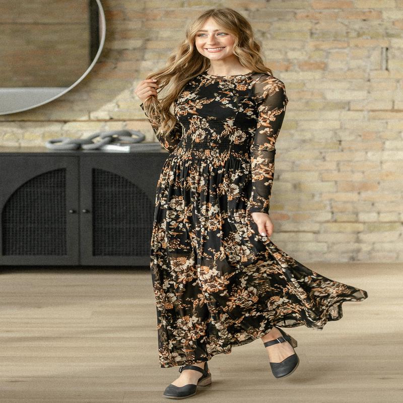 Smocked Waist Floral Mesh Maxi Dress