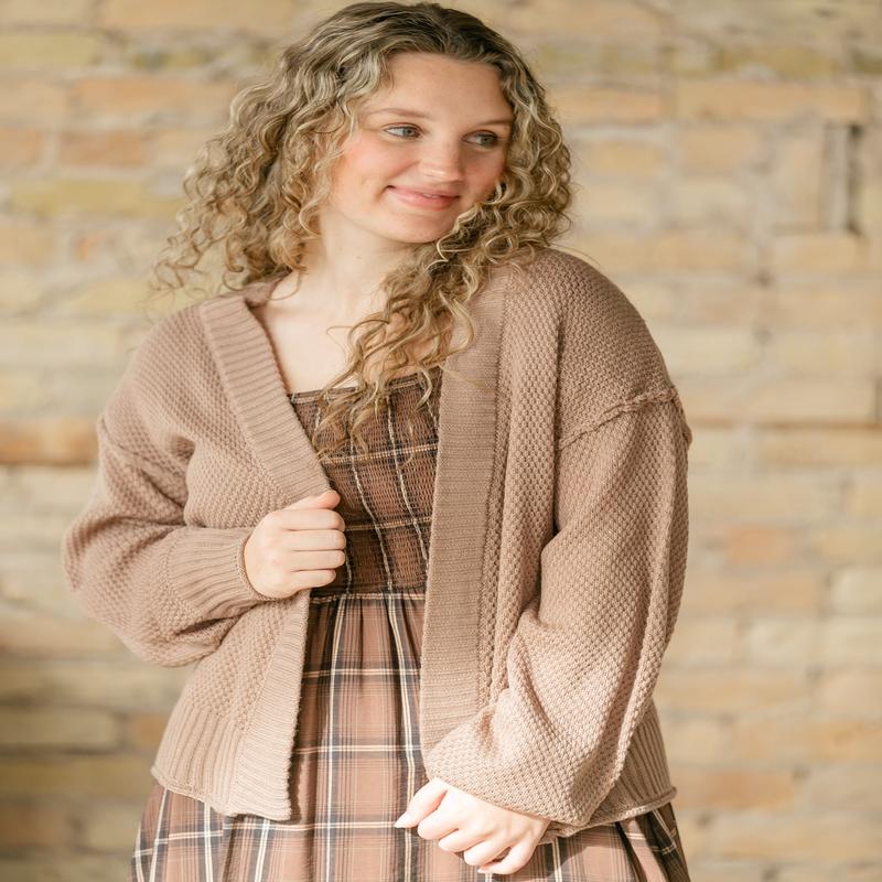 Waffle Open Front Balloon Sleeve Cardigan