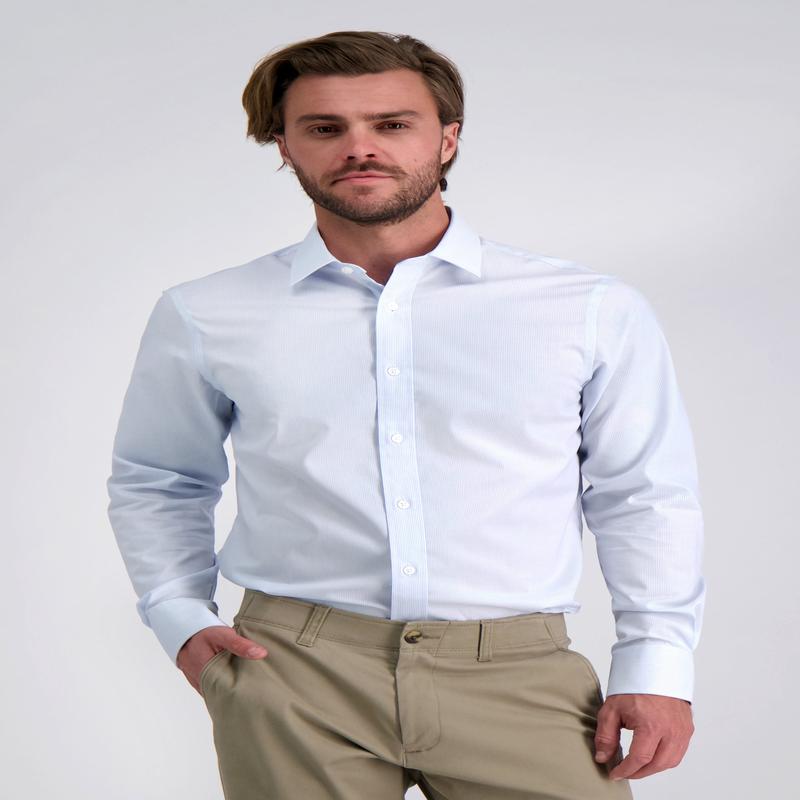 Premium Comfort Performance Cotton Dress Shirt - White & Blue Stripe