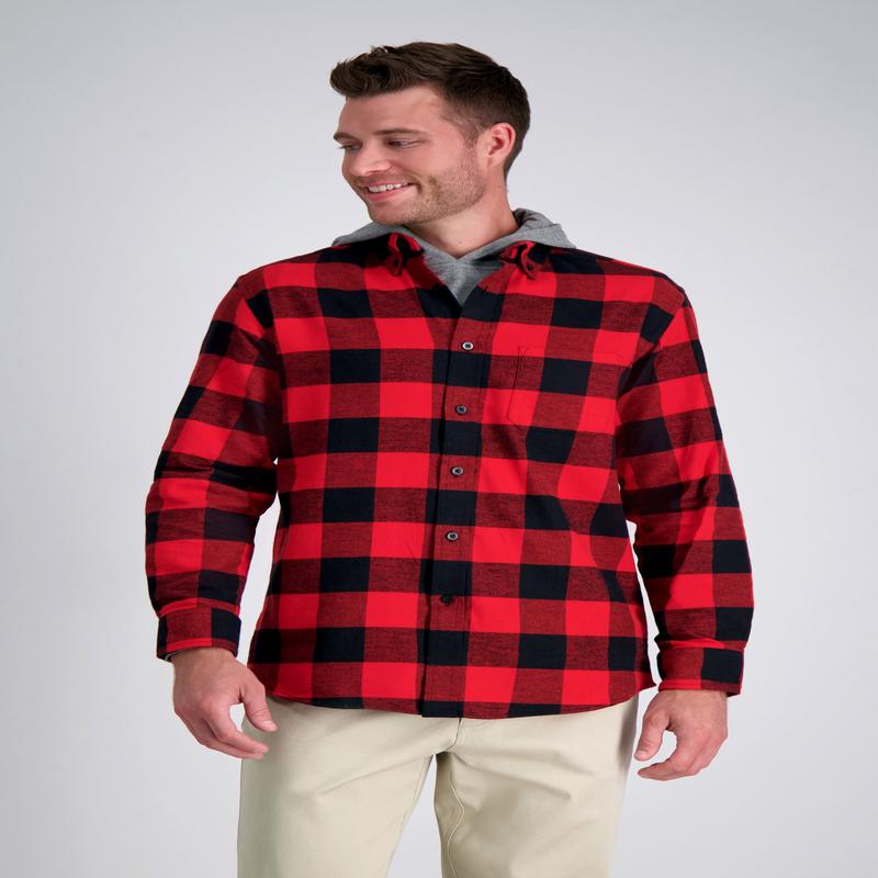 Long Flannel Plaid Shirt - Bright Red