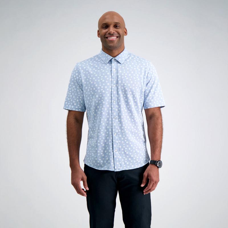 Pique Short Sleeve Button Down Shirt - Blue Floral