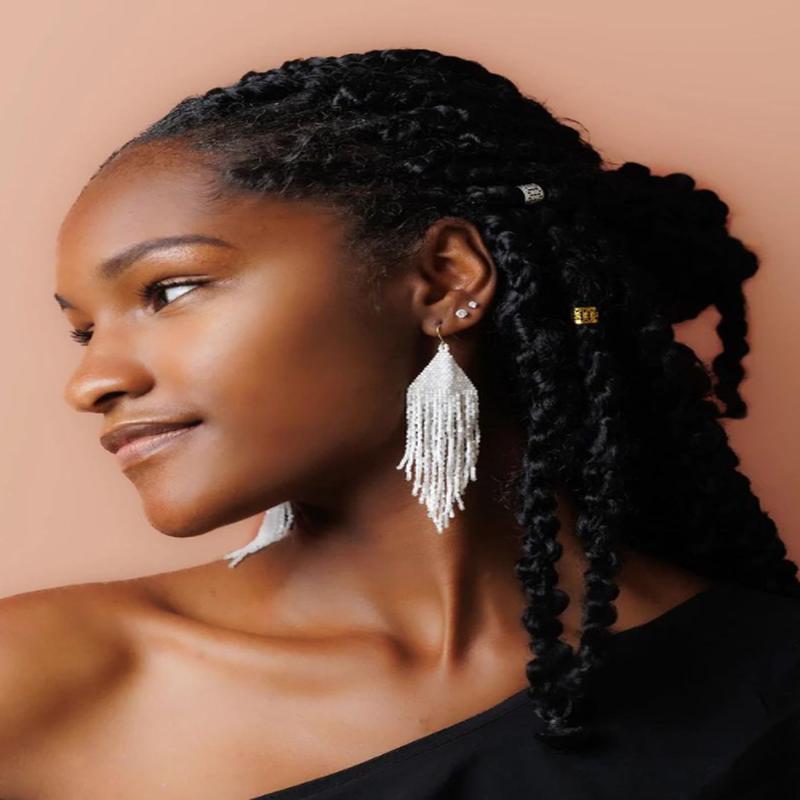 Ivy White Silk Shine Fringe Earrings