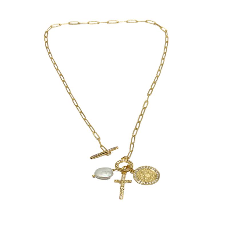 Cross, St. Benedict, and Pearl Toggle Necklace