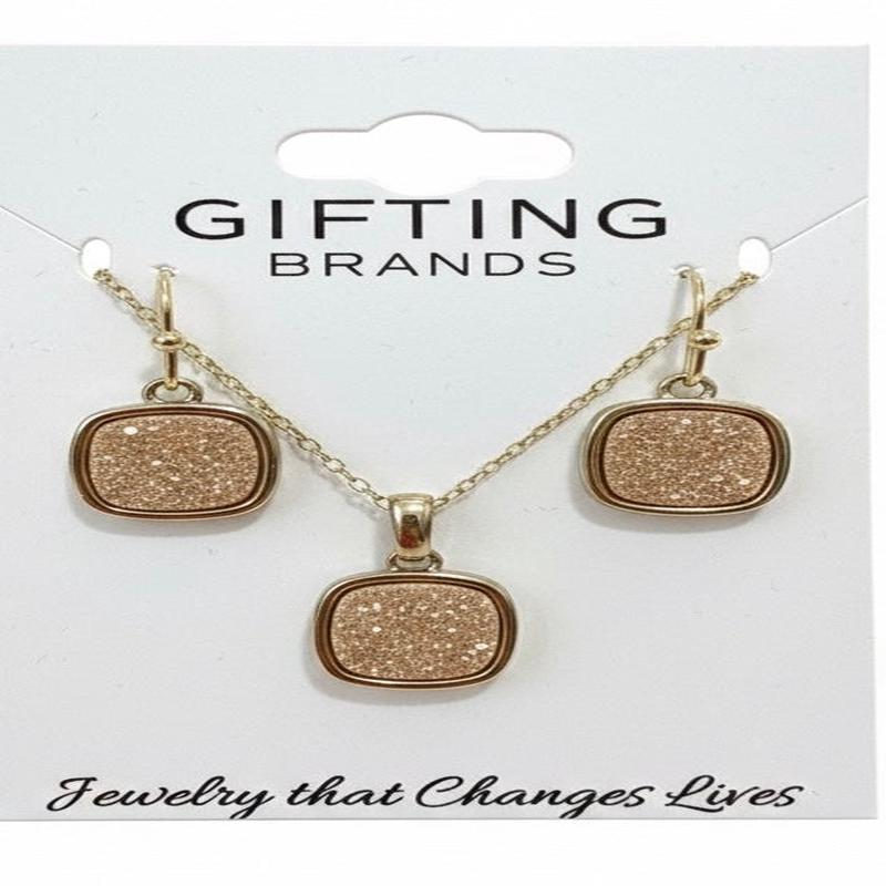 Christy Jean Square Pendant & Earrings in Gold 2pc set