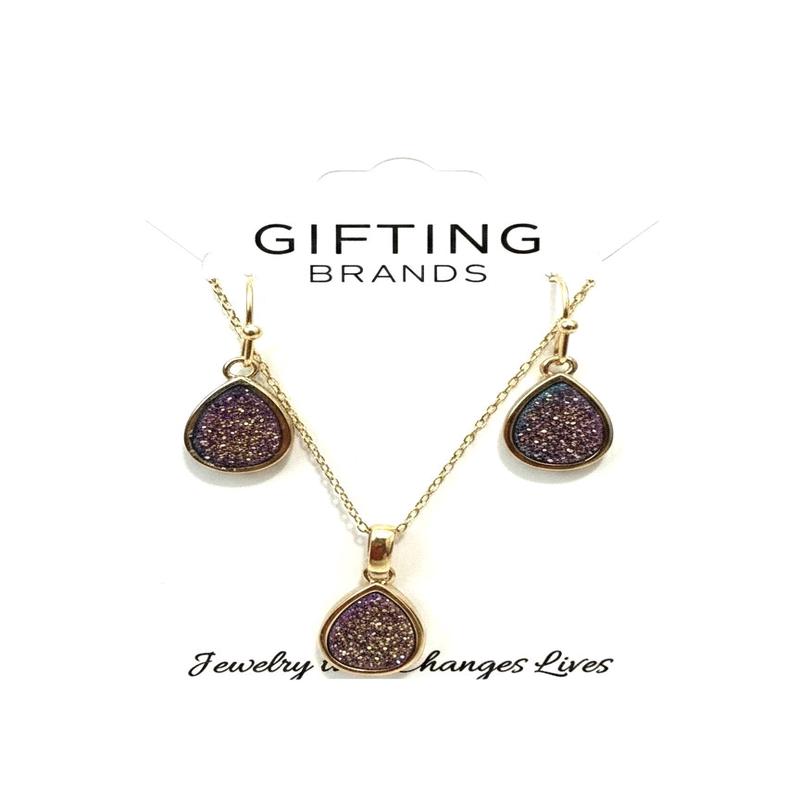 Emma Druzy Pendant & Earrings in Gold 2pc set