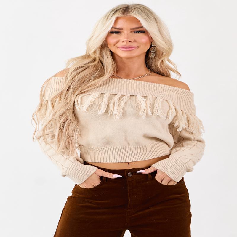 Almond Cable Knit Off Shoulder Tassel Sweater