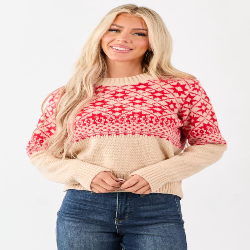 Beige and Crimson Geometric Print Sweater