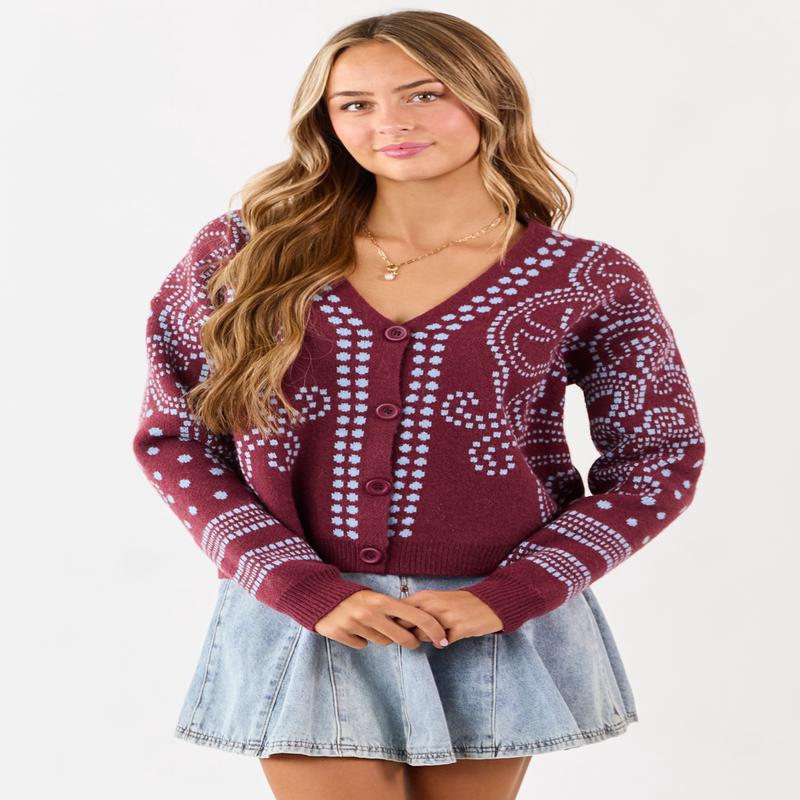 Berry Dot Art Damask Button Down Sweater Cardigan