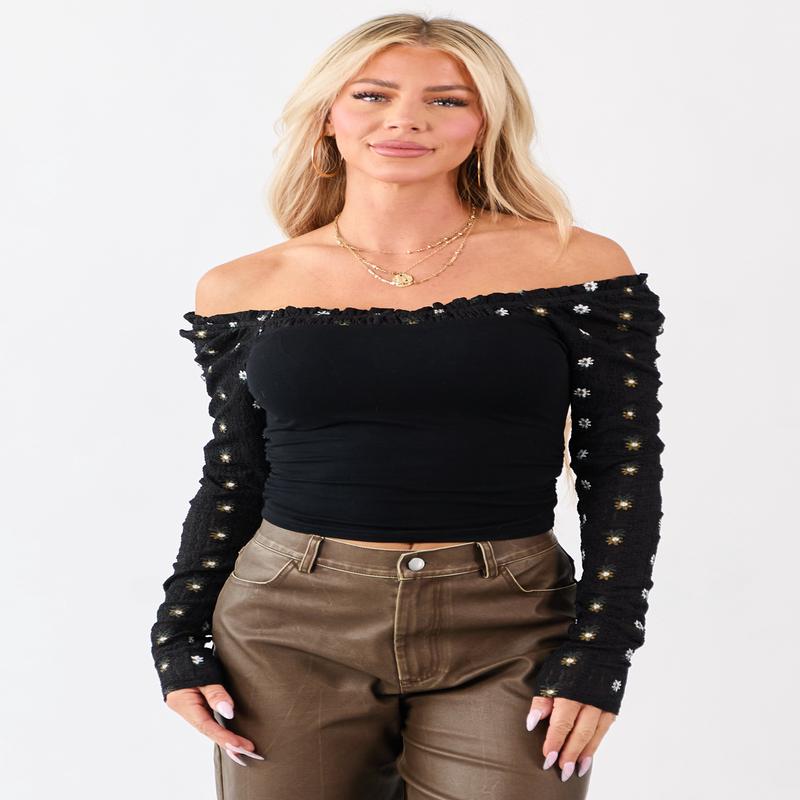 Black Knit Floral Long Sleeve Cropped Top