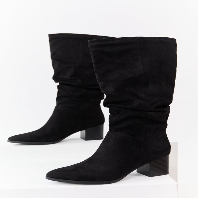 Black Microsuede Slouch Block Heel Tall Boots