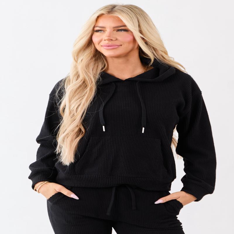 Black Rib Knit Drawstring Hooded Sweatshirt