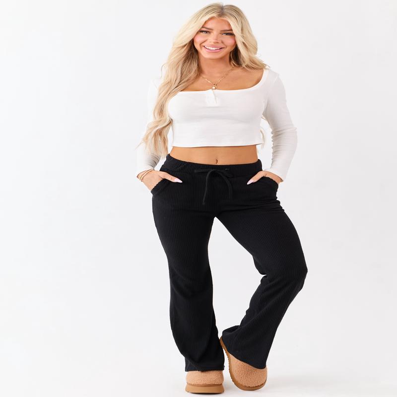 Black Soft Knit Drawstring Flare Pants