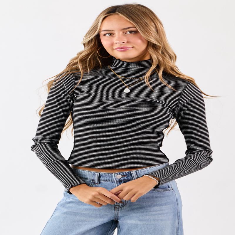 Black Striped Ribbed Knit Long Sleeve Mock Neck Top