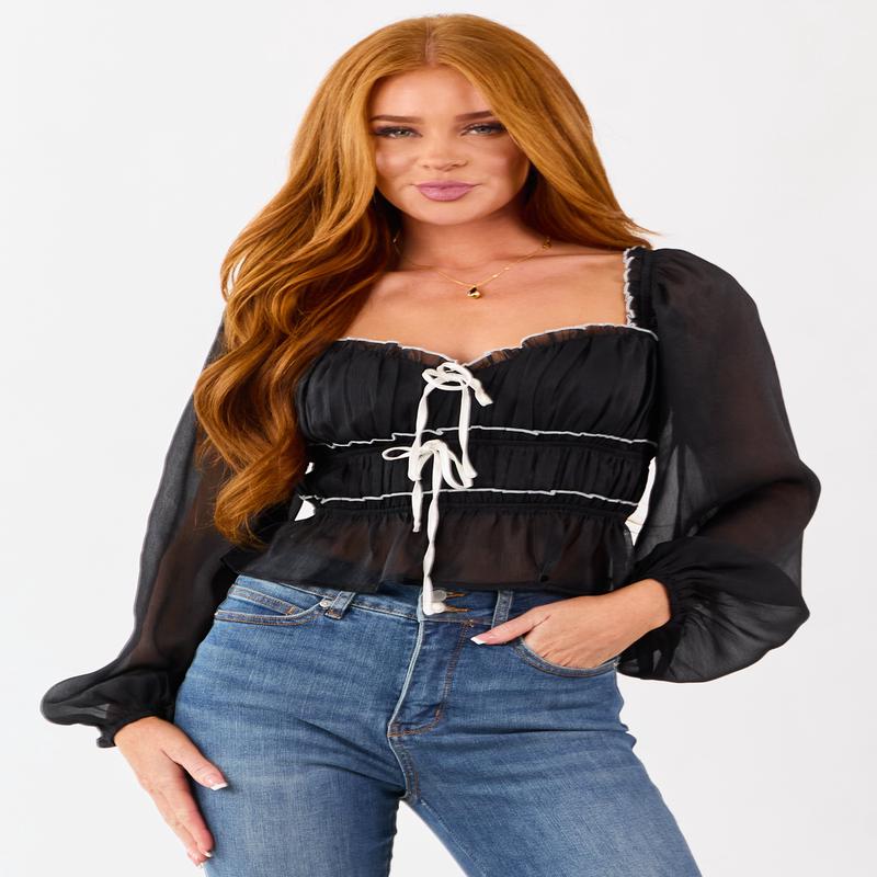 Black Tiered Bow Detail Lettuce Trim Long Sleeve Top