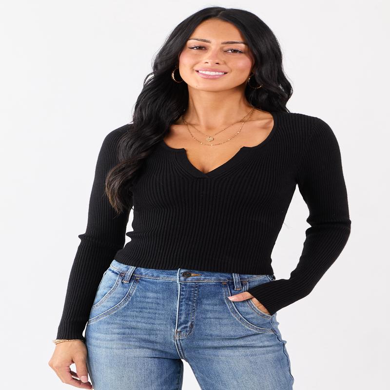 Black V Notch Rib Knit Fitted Cropped Sweater Top
