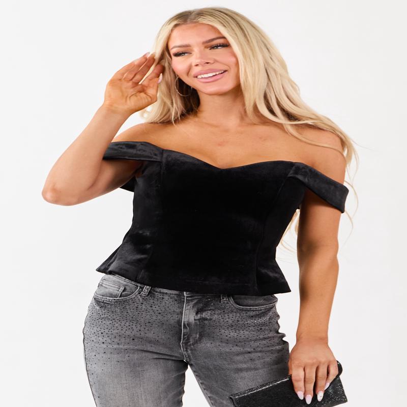 Black Velvet Off the Shoulder Sweetheart Neck Top