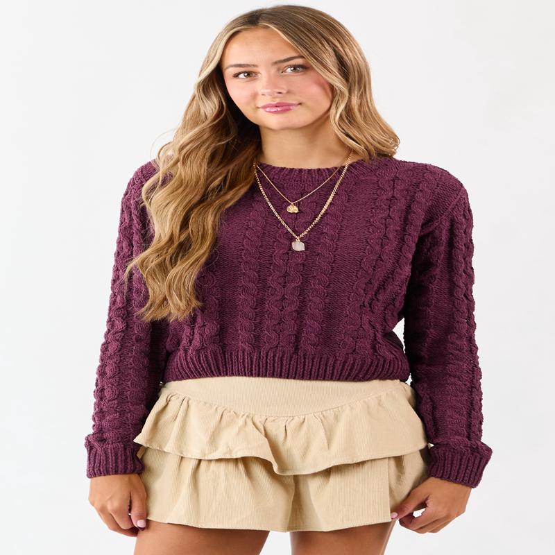 Boysenberry Chenille Cable Knit Sweater