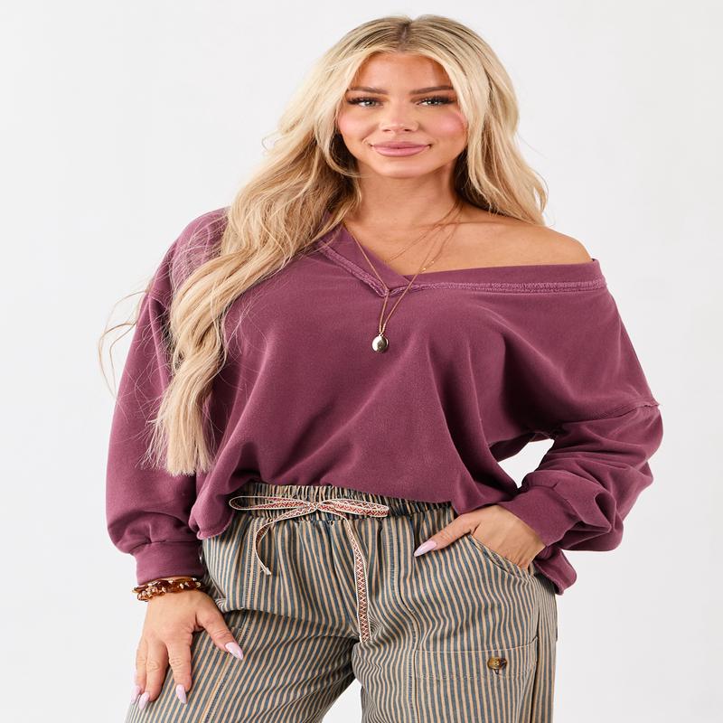 Boysenberry V-Neck Reverse Stitch Relaxed Sweatshirt