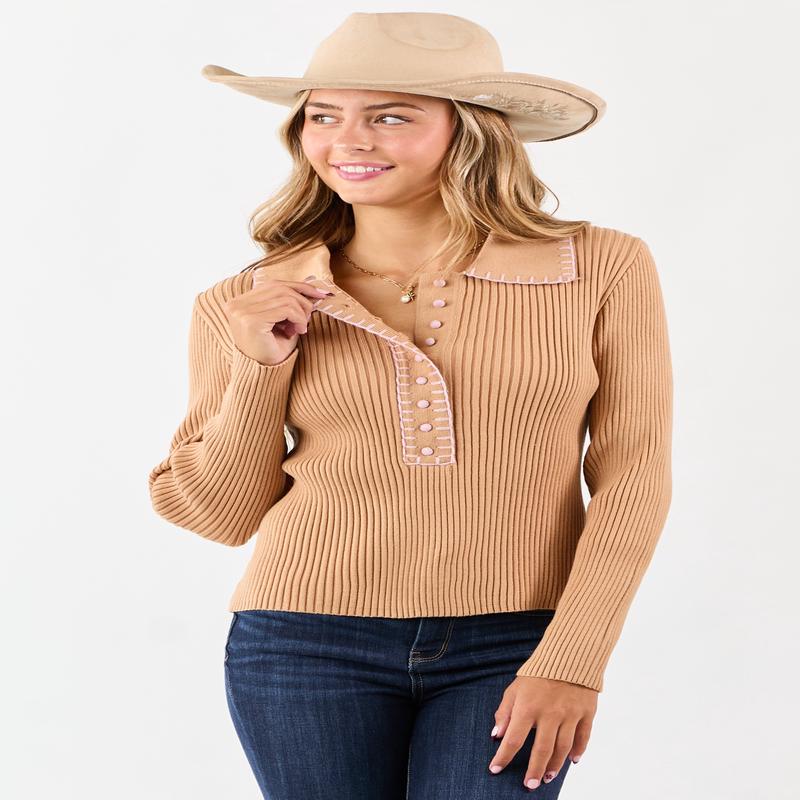 Brown Sugar Contrast Blanket Stitch Buttoned Sweater Top