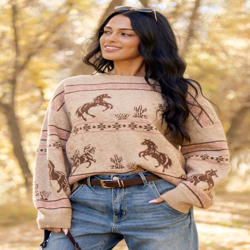 Camel Western Print Crew Neck Knit Sweater