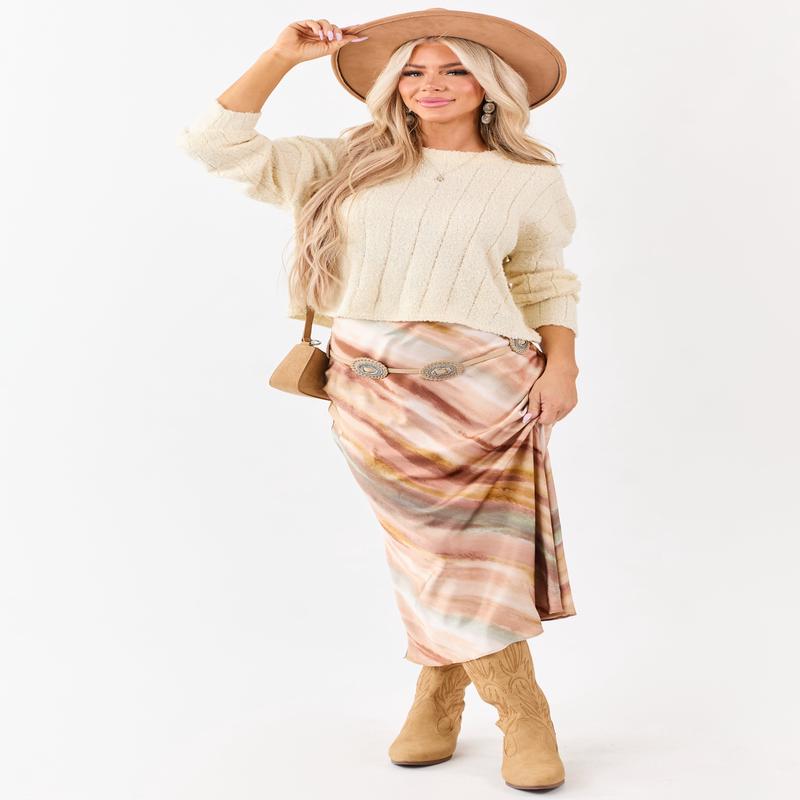 Champagne Abstract Print Satin Midi Skirt