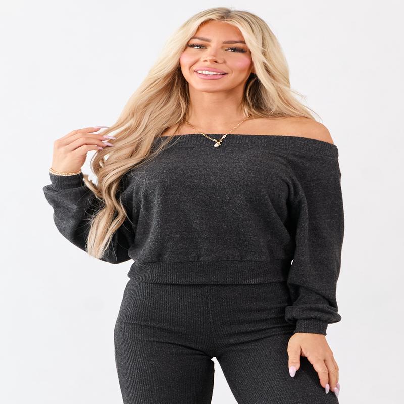 Charcoal Off Shoulder Rib Trim Soft Relaxed Knit Top