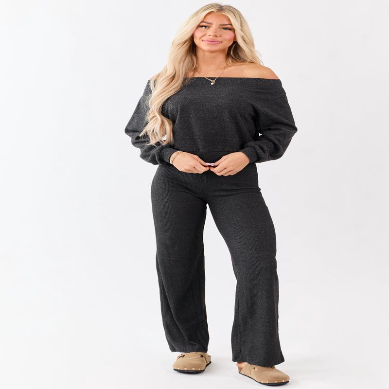 Charcoal Rib Knit Elastic Waist Wide Leg Pants