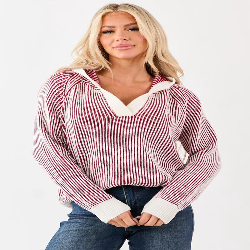 Cherry and Ivory Striped Rib Knit Hooded Sweater