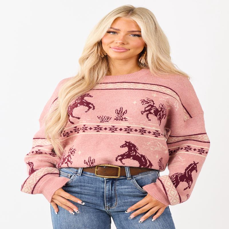 Cherry Blossom Western Print Crew Neck Knit Sweater