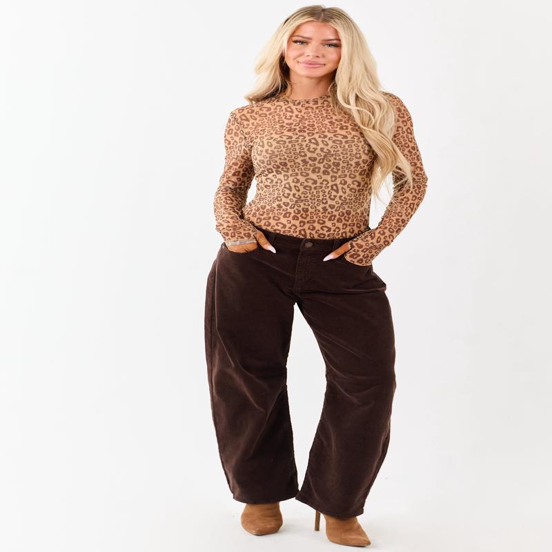 Chocolate Corduroy High Rise Stretchy Barrel Pants