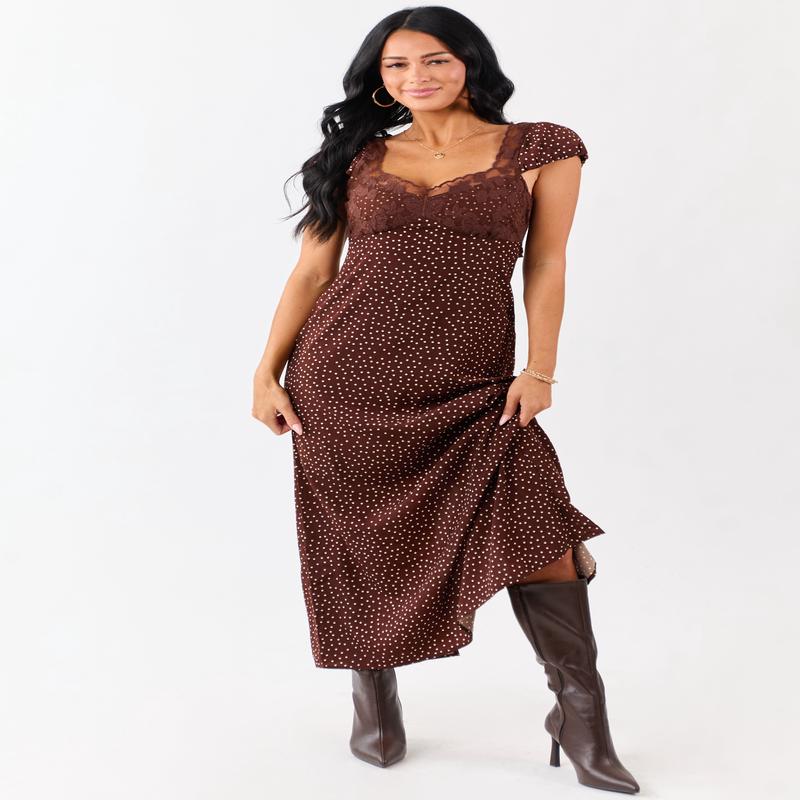 Chocolate Polka Dot Lace Bust Cap Sleeve Maxi Dress