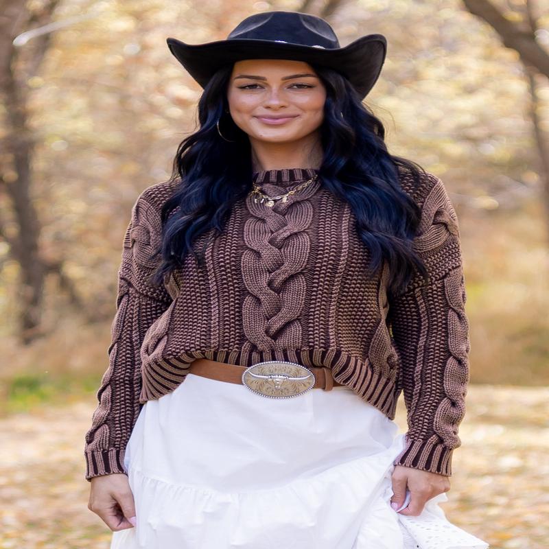 Chocolate Washed Cotton Cable Knit Pullover Sweater