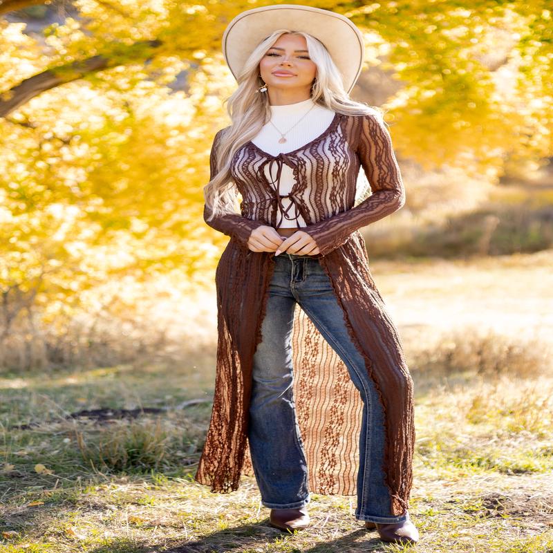 Cocoa Floral Mesh Lace Duster Cardigan