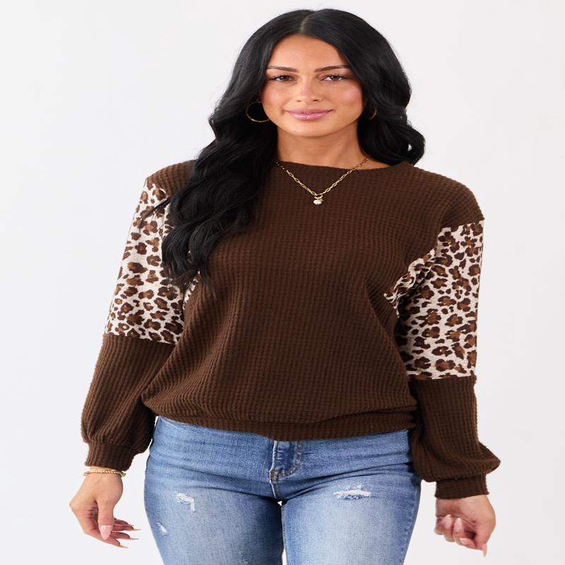 Cocoa Waffle Knit Contrast Leopard Print Sweater