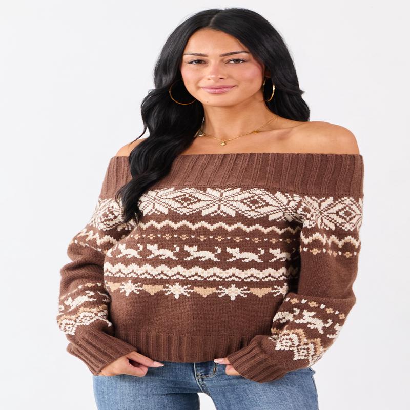 Coffee Fair Isle Pattern Off Shoulder Knit Sweater
