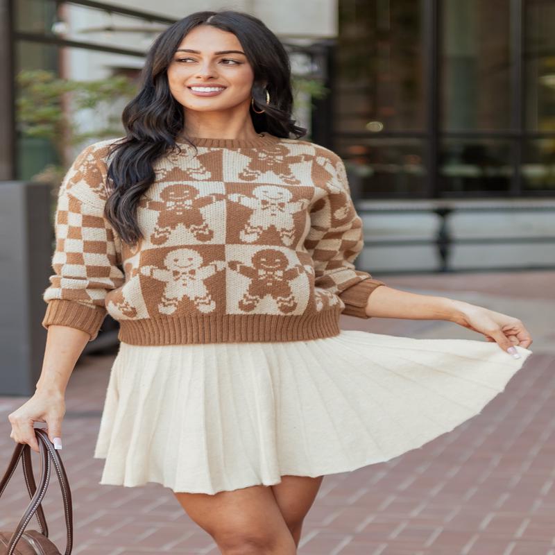 Cognac Gingerbread Checkered Graphic Sweater