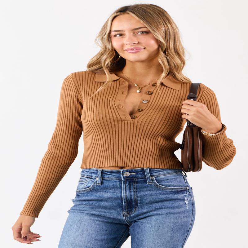 Cognac Rib Knit Polo Style Cropped Sweater