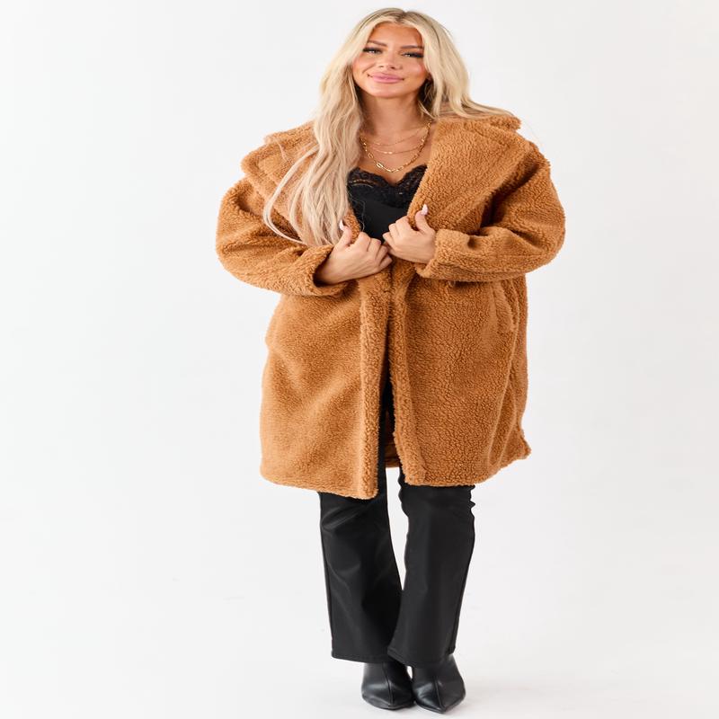 Copper Button Down Sherpa Teddy Trench Coat