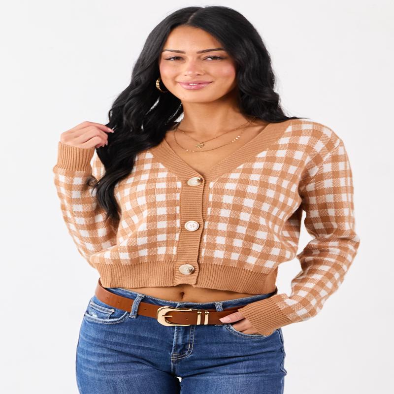 Copper Checkered Button Down Cropped Cardigan