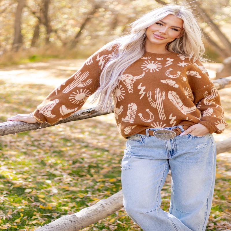 Copper Western Graphic Long Sleeve Sweater
