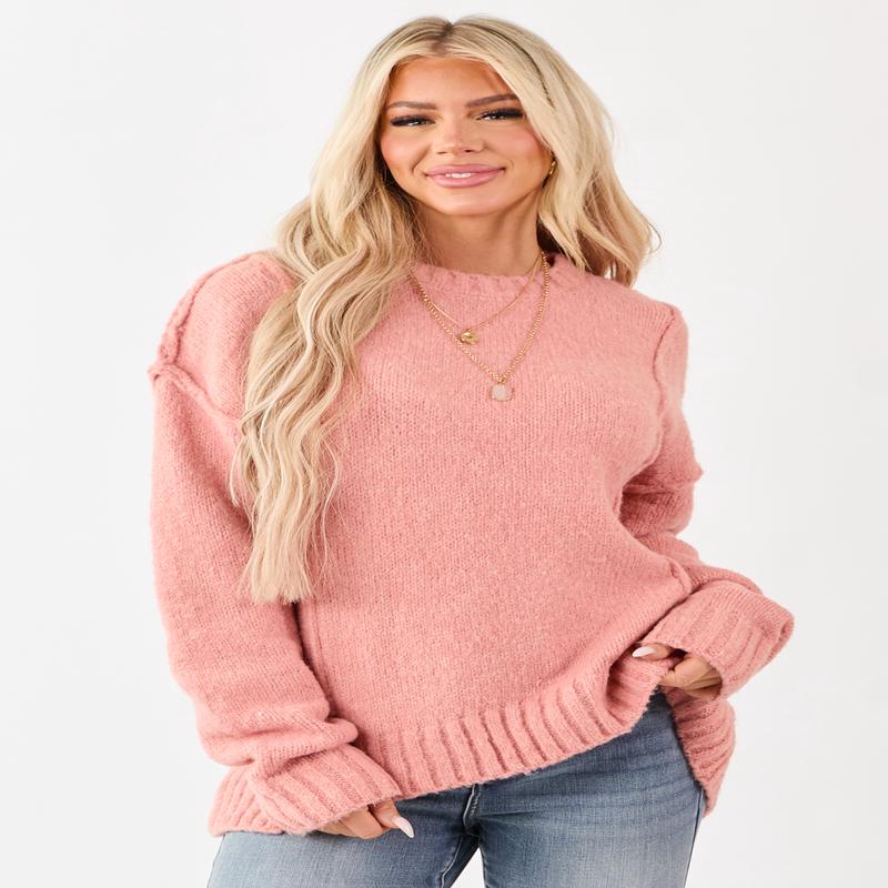 Coral Fuzzy Relaxed Rib Knit Pullover Sweater