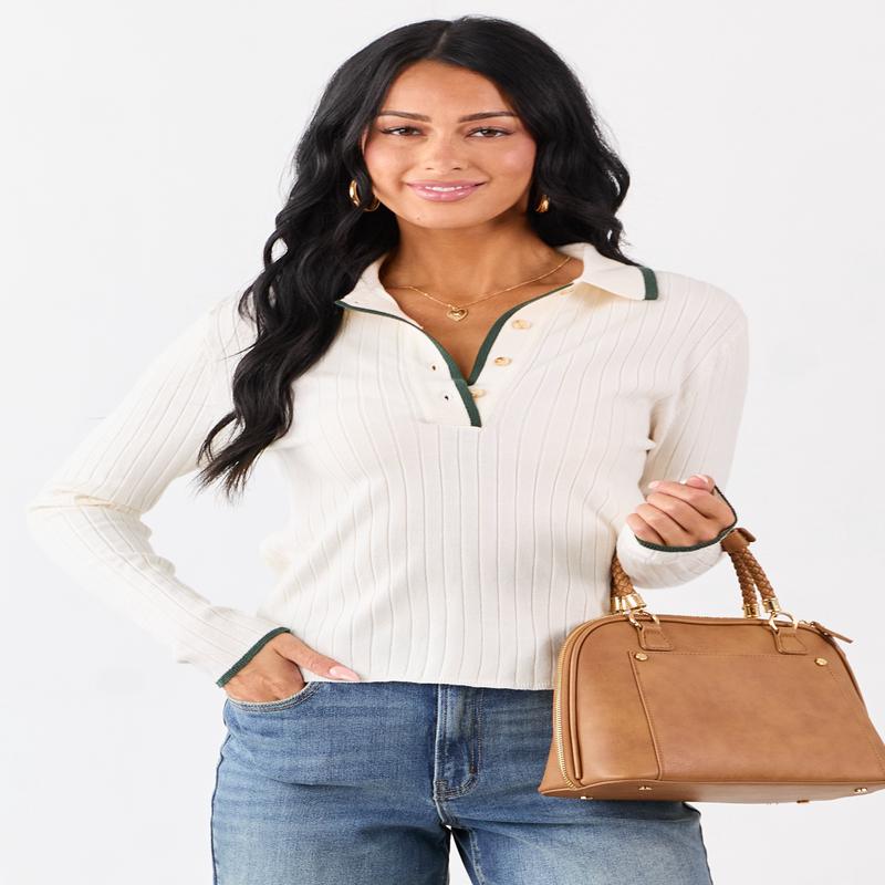 Cream Contrast Trim Polo Style Sweater Top
