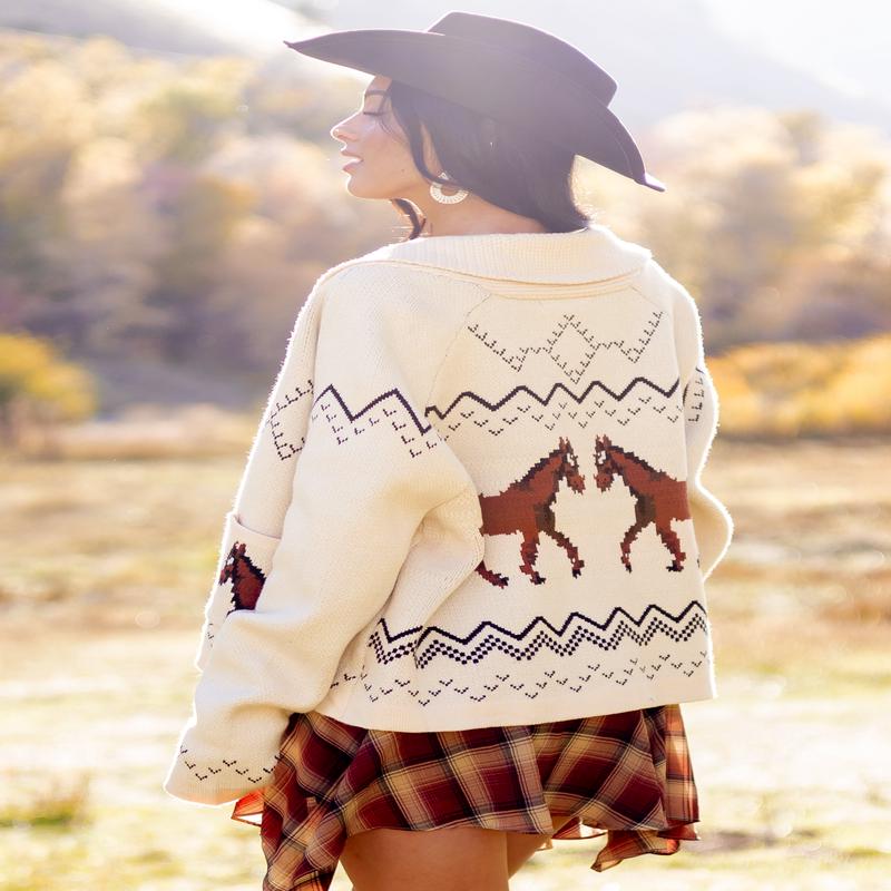 Cream Horse Print Open Front Knit Cardigan